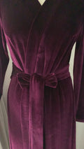 Video of burgundy long velvet kimono robe with waist tie