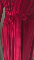 Video of long red velvet wrap robe with inner and outer waist ties