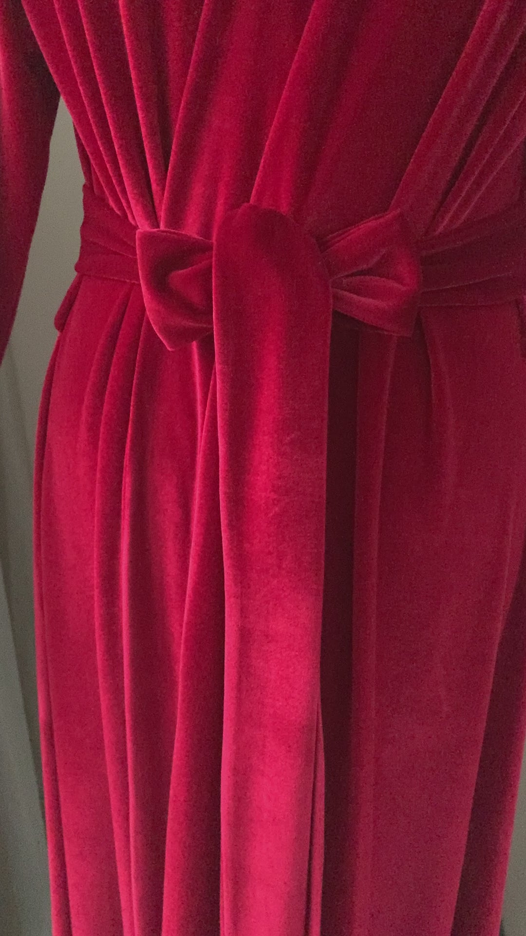 Video of long red velvet wrap robe with inner and outer waist ties