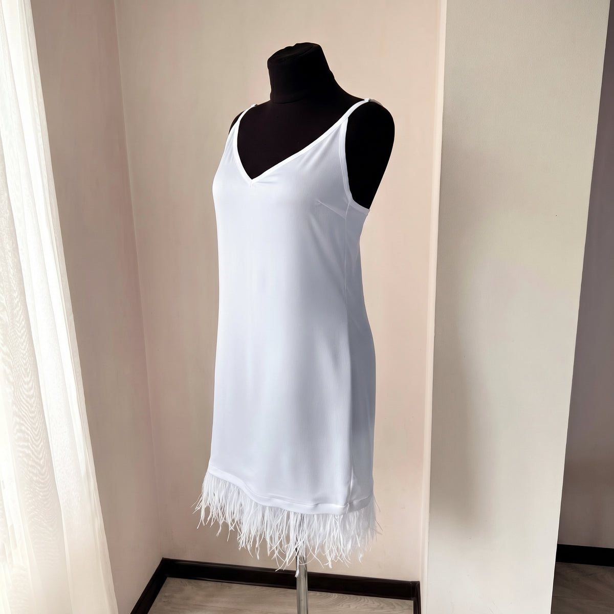 Black satin bridal nightgown with ostrich feather trim, handmade slip dress by BellaDonnaUa
