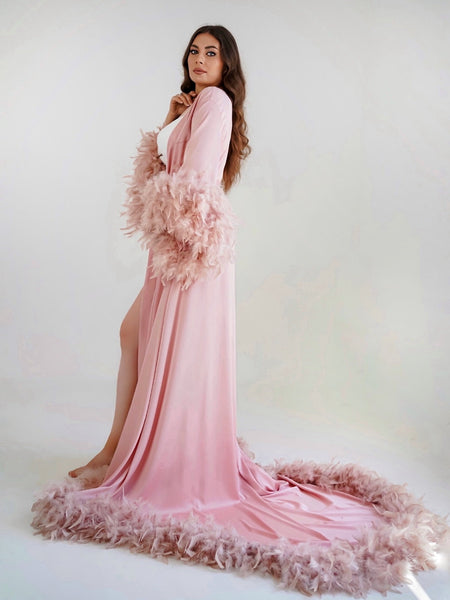 Pink feather dressing gown best sale