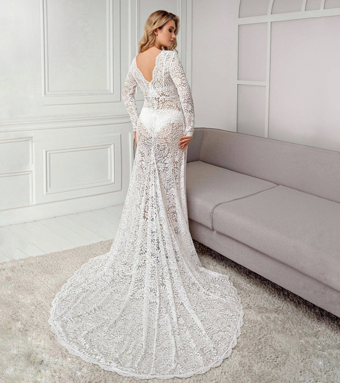 Lace boudoir dress with long sleeves and train