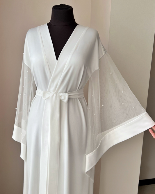 Pearl bridal robe long with sheer sleeves