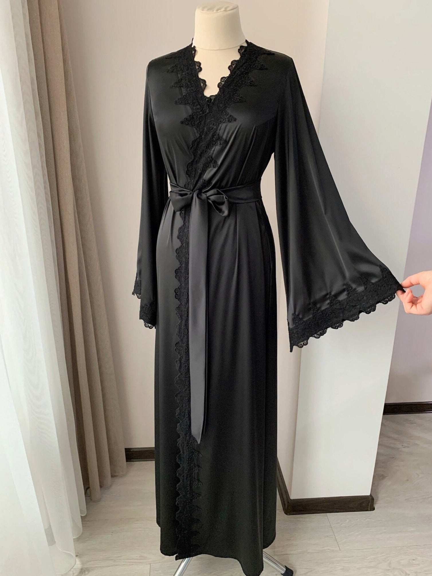 Black wedding robe long with lace | Bella Donna Handmade ️ – BellaDonnaUa