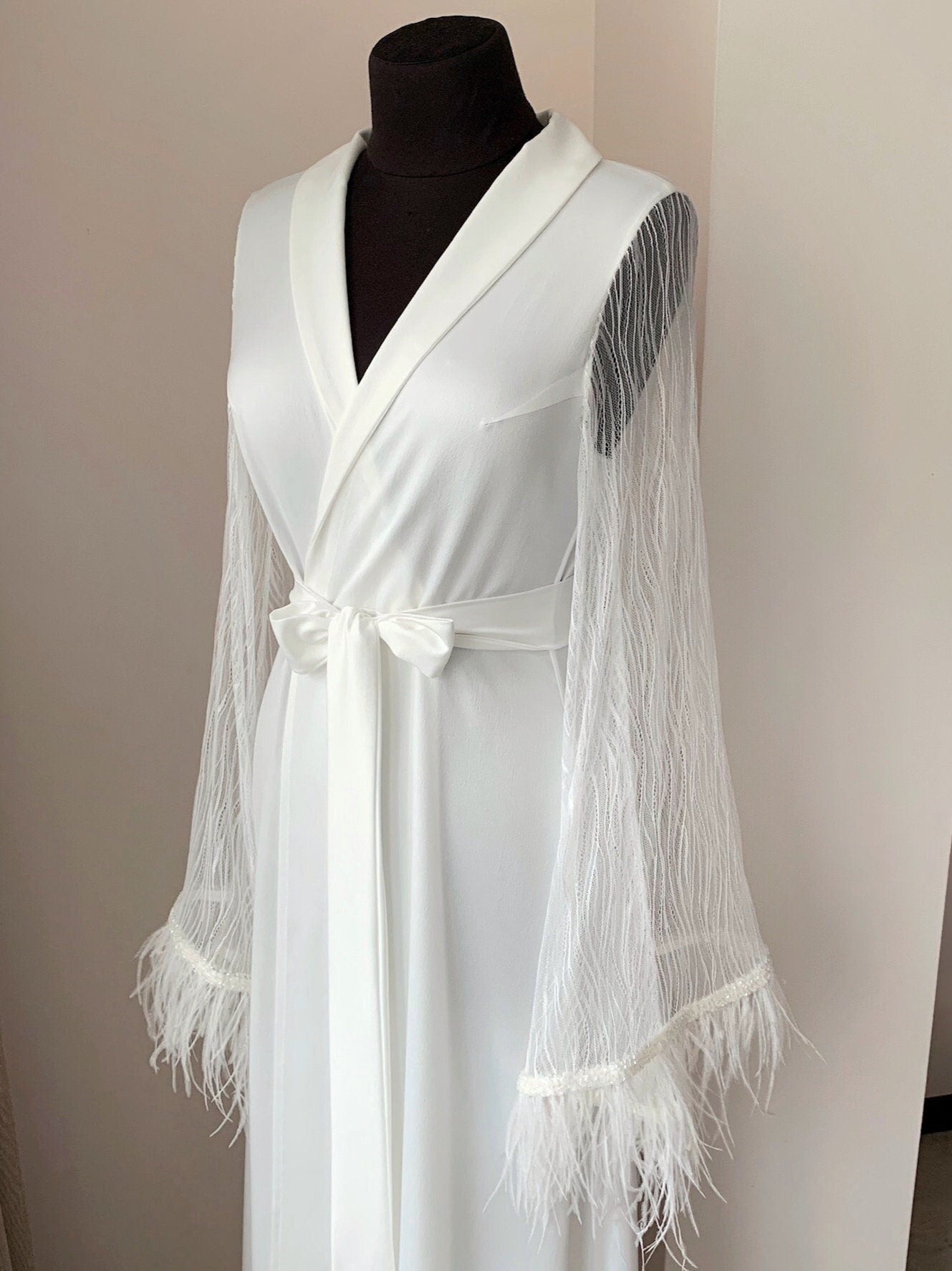 Feathery Robe Long bridal robe with Feather | Bella Donna Handmade ️ – BellaDonnaUa