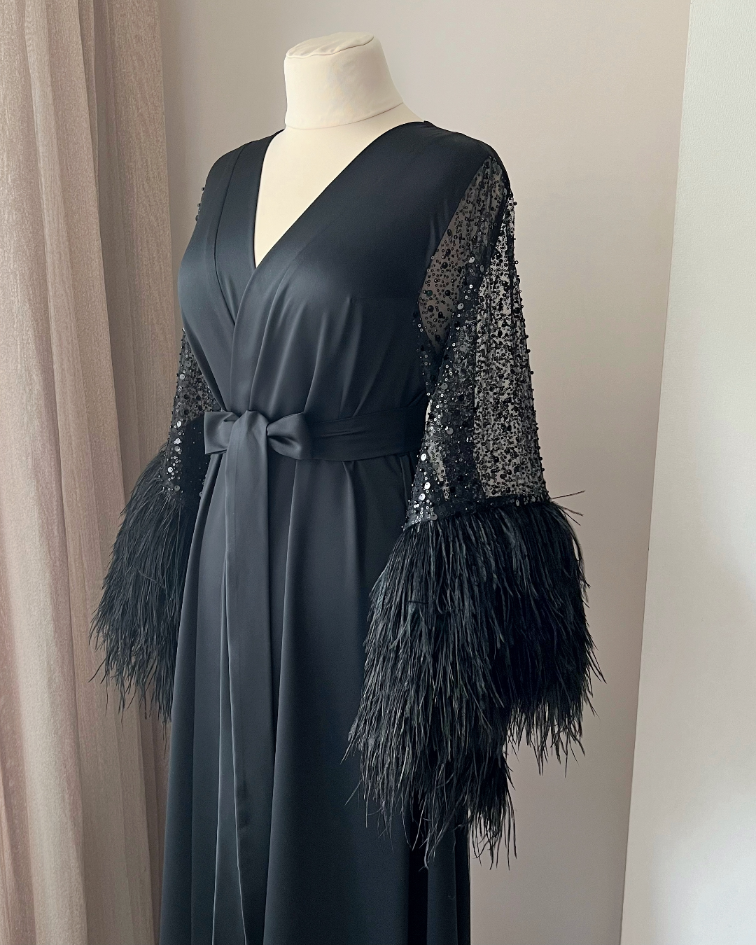 black feather trim robe