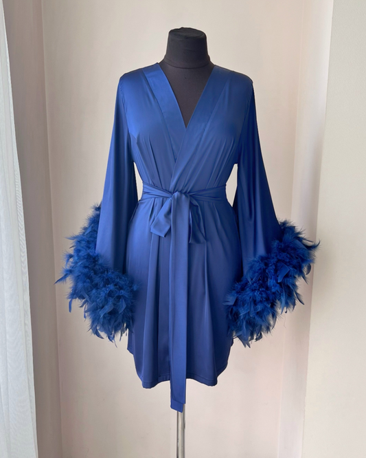 Blue bride robe feathers short Handmade