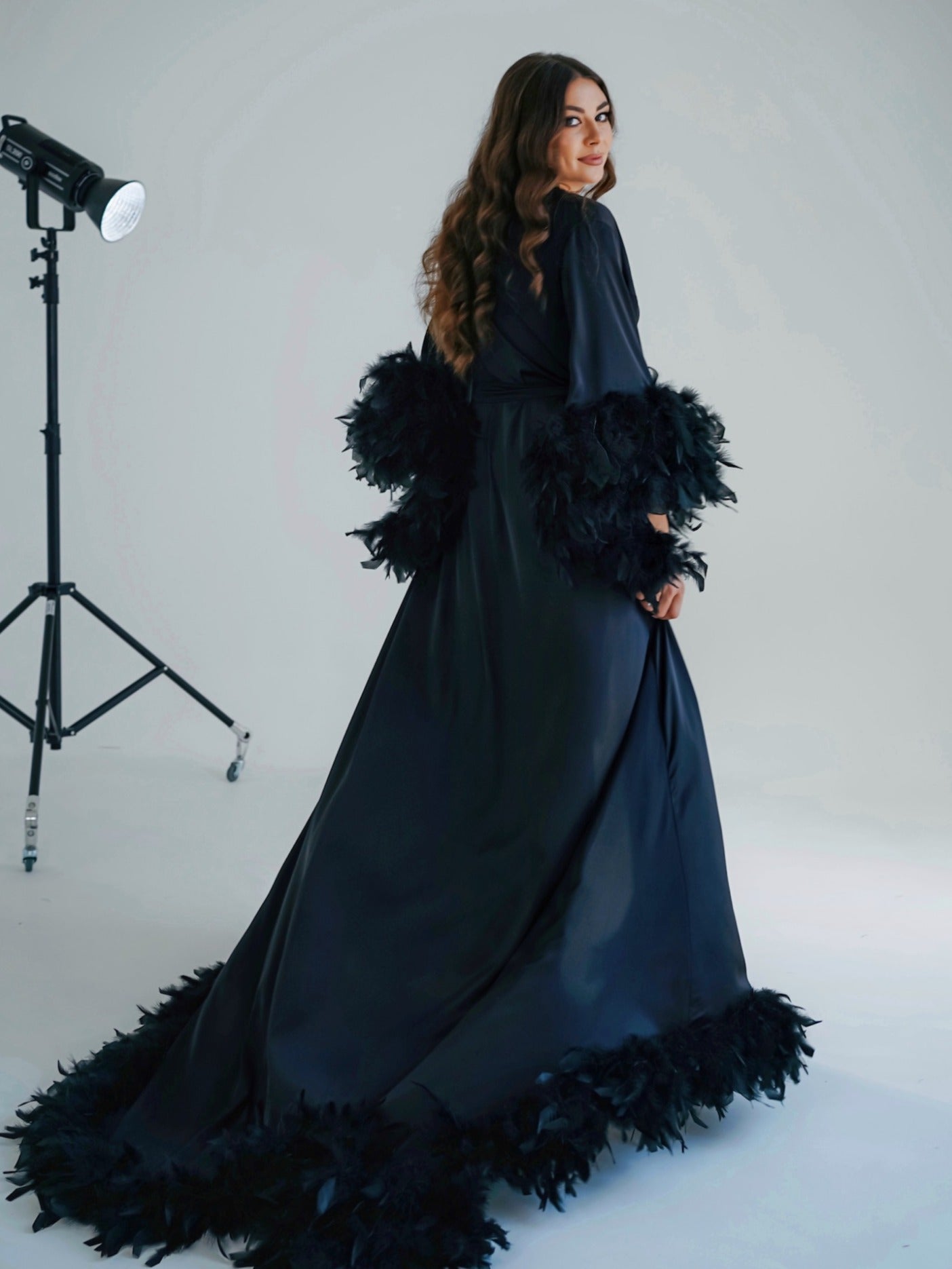 Feather robe with train Black | Double feathers on the sleeves ✂️ –  BellaDonnaUa