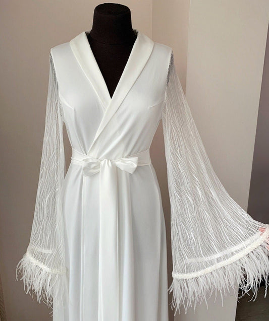 Feather robe lace for bride Ivory