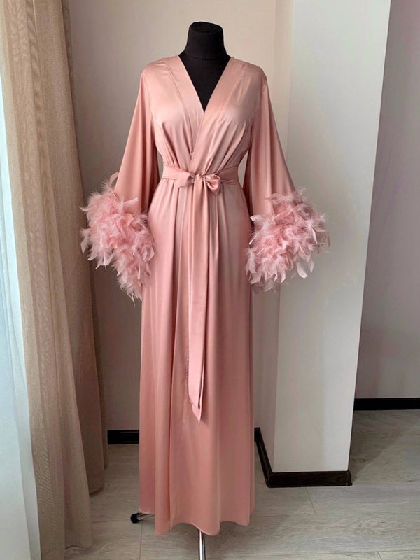 Pink Preppy Robe Pink silk robe with feathers | BellaDonnaUa Handmade ️