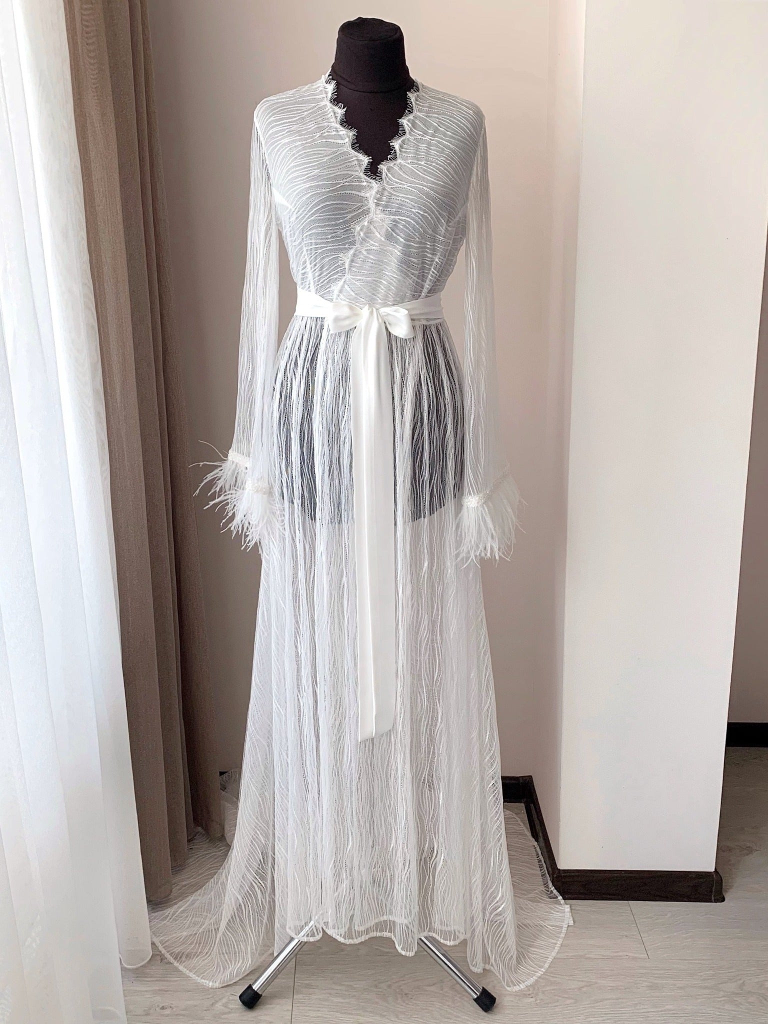 Long lace robe with train and feathers | BellaDonna Handmade ️ ...
