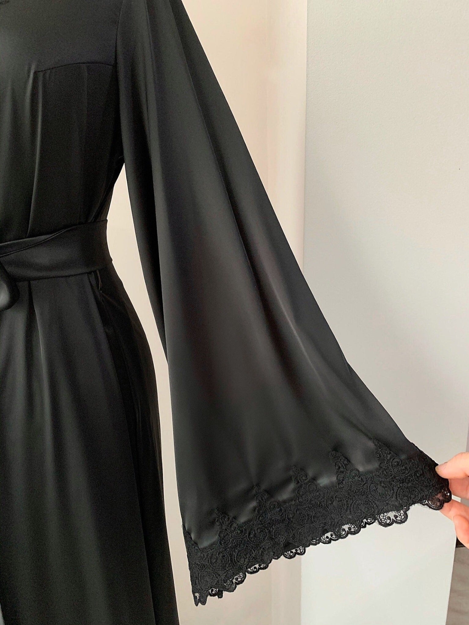 Black wedding robe long with lace | Bella Donna Handmade ️ – BellaDonnaUa