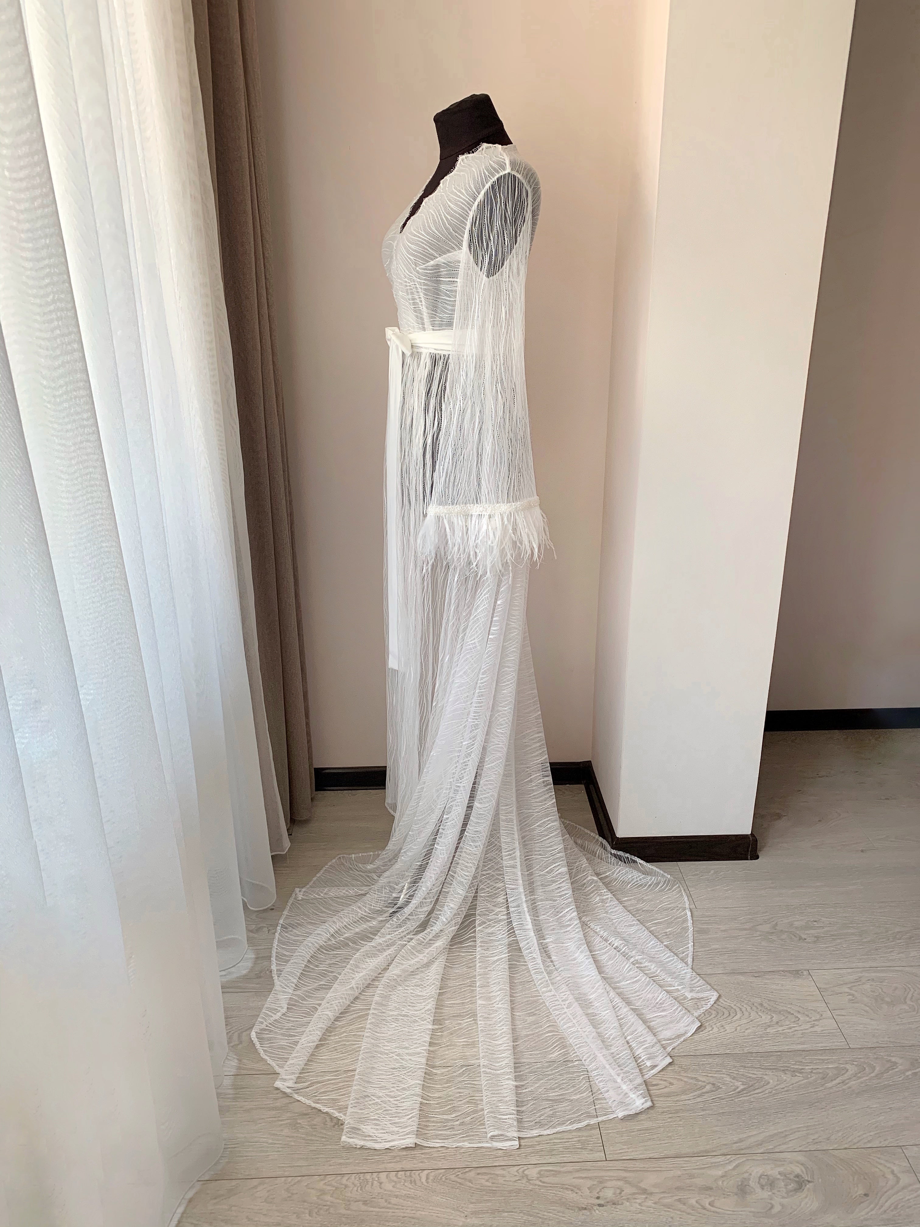 Long lace robe with train and feathers | Bella Donna Handmade ️ ...