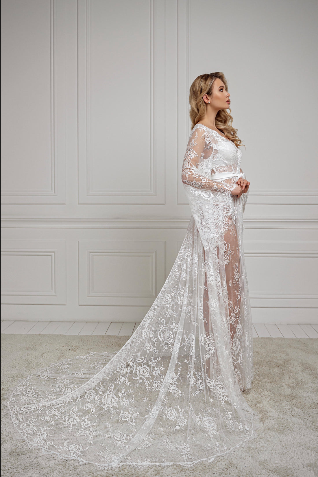 lace bridal robe with train