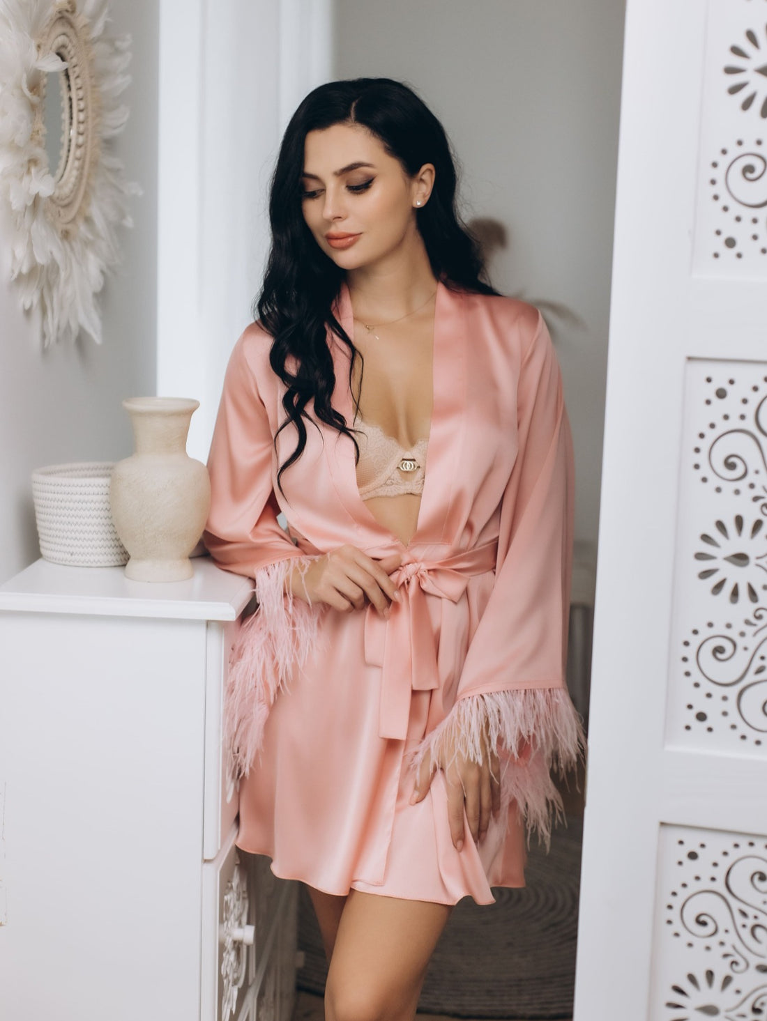 Pink robe with feathers