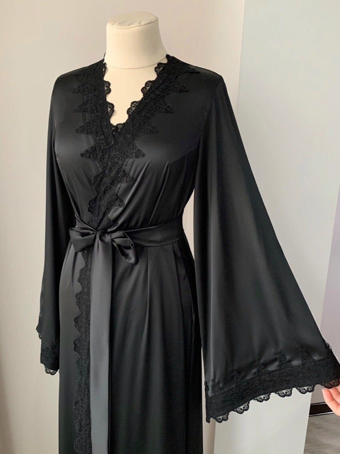 Black Buttoned Robe Black wedding robe long with lace | Bella Donna Handmade ️ – BellaDonnaUa