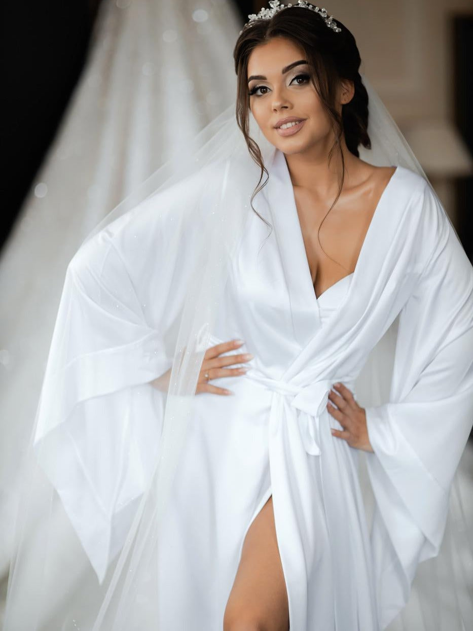 long white satin dressing gown Defitshape Women's Long Robe Satin Luxury Faux Fur Trim Bridal Robes Silk Bathrobe Summer Long Sleeve Bridesmaid Sleepwear Bride White X-Small, Size: