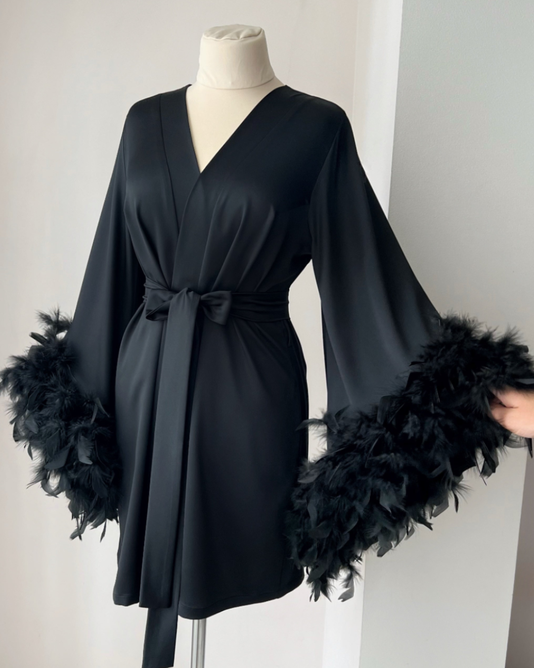 Black feather robe short Handmade