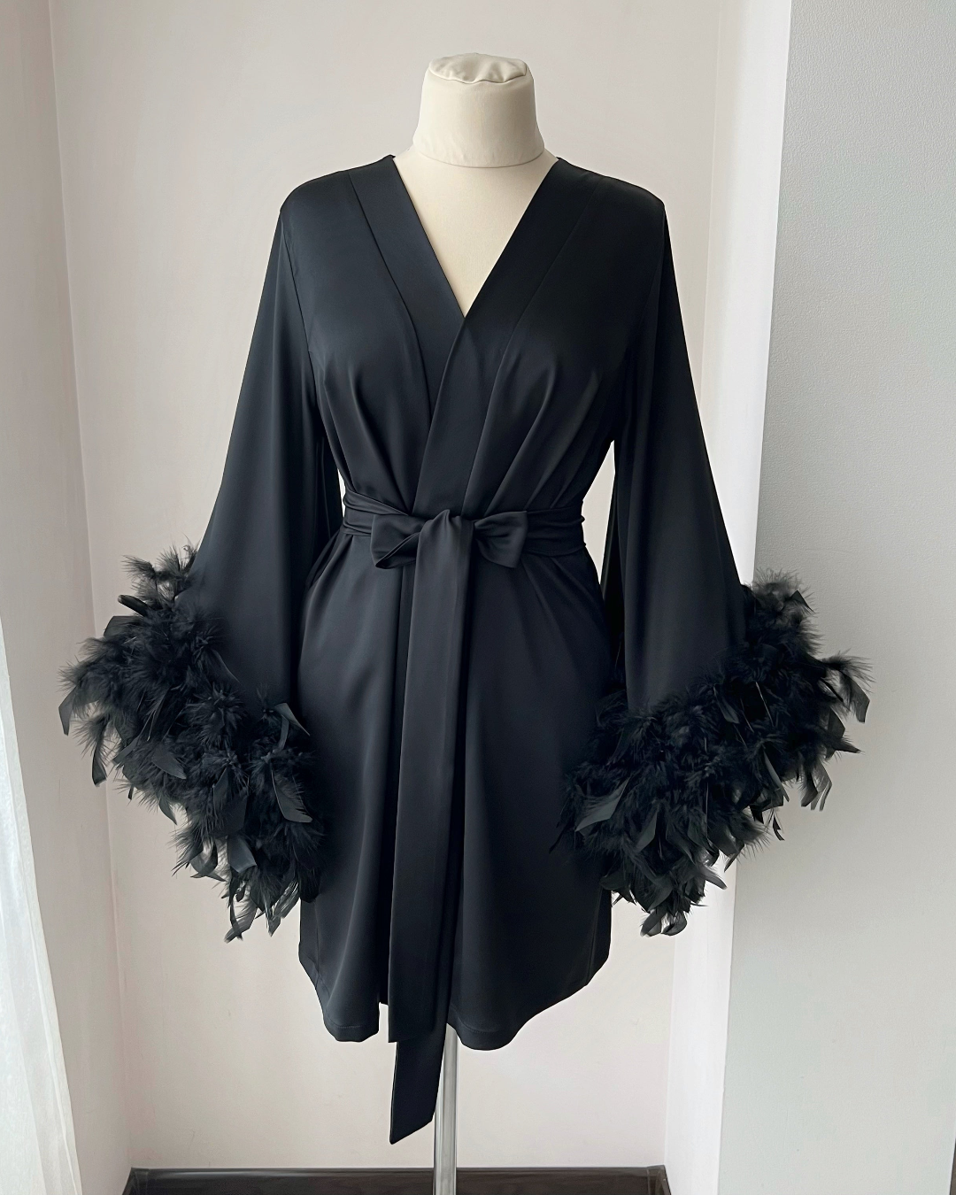 Black feather robe short Handmade