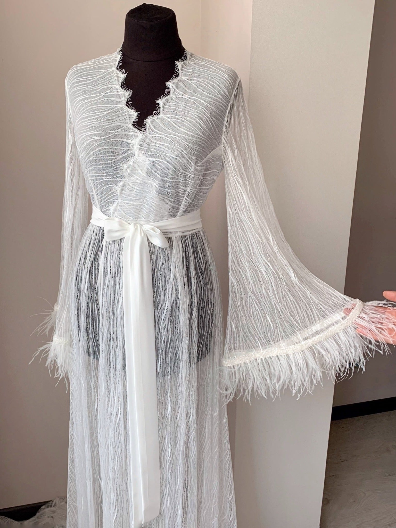 Hand Made Robe Long lace robe with train and feathers | BellaDonna Handmade ️ ...