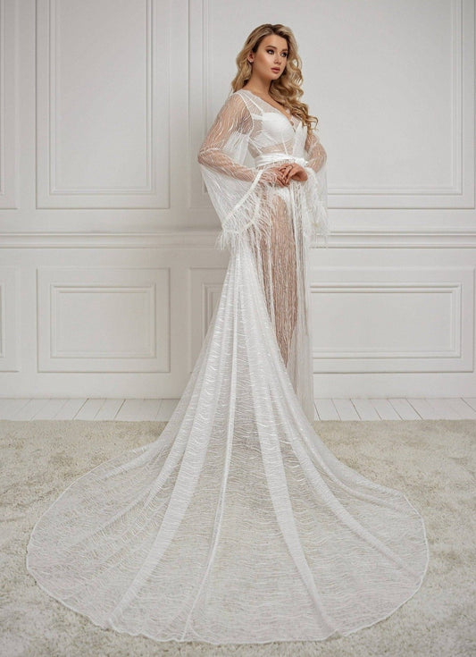 See-Through Set with Lace-Decorated Robe and Nightgown