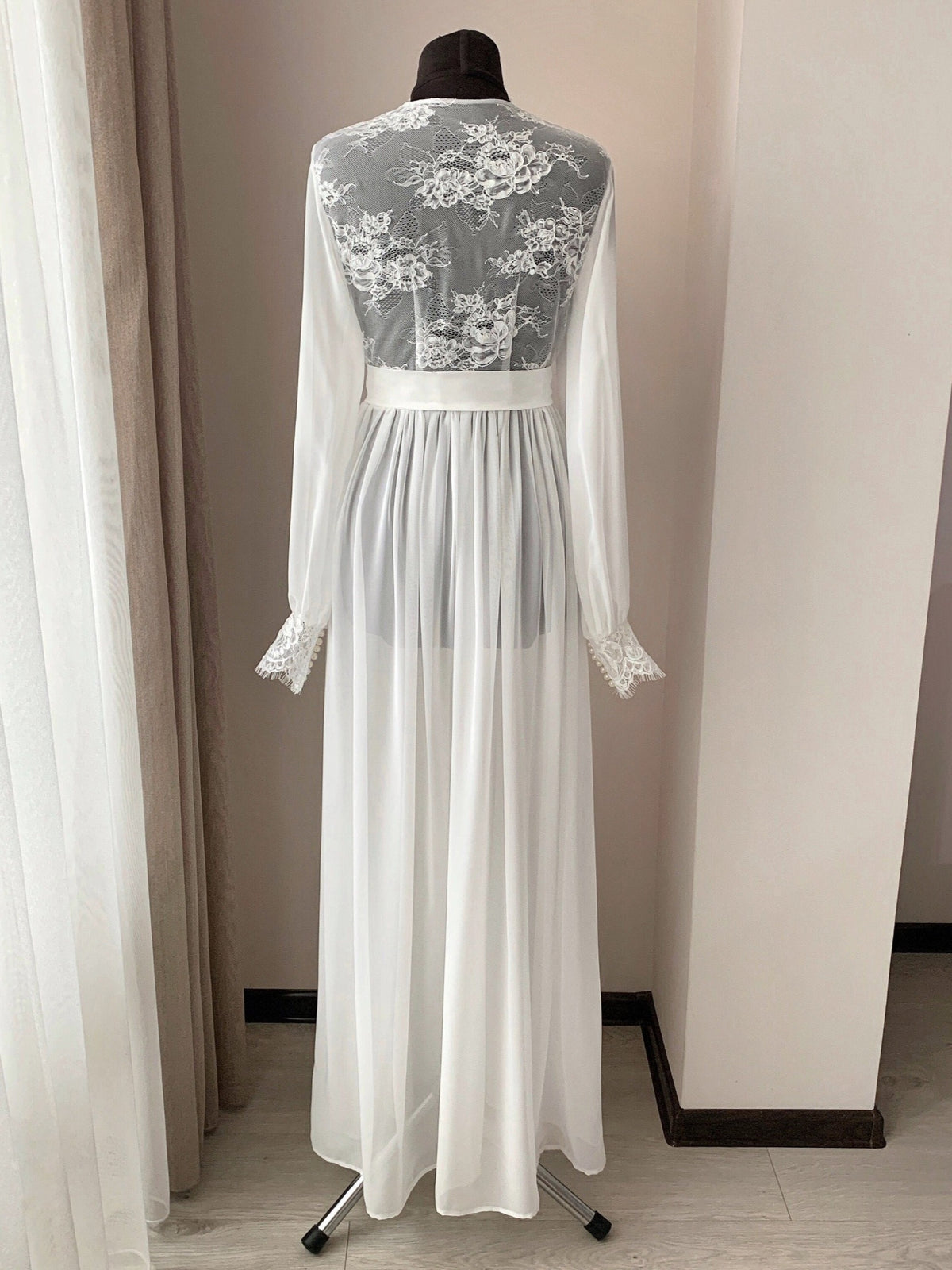 Chiffon Robe Long Chiffon bridal robe lace Ivory | BellaDonnaUa Handmade ️