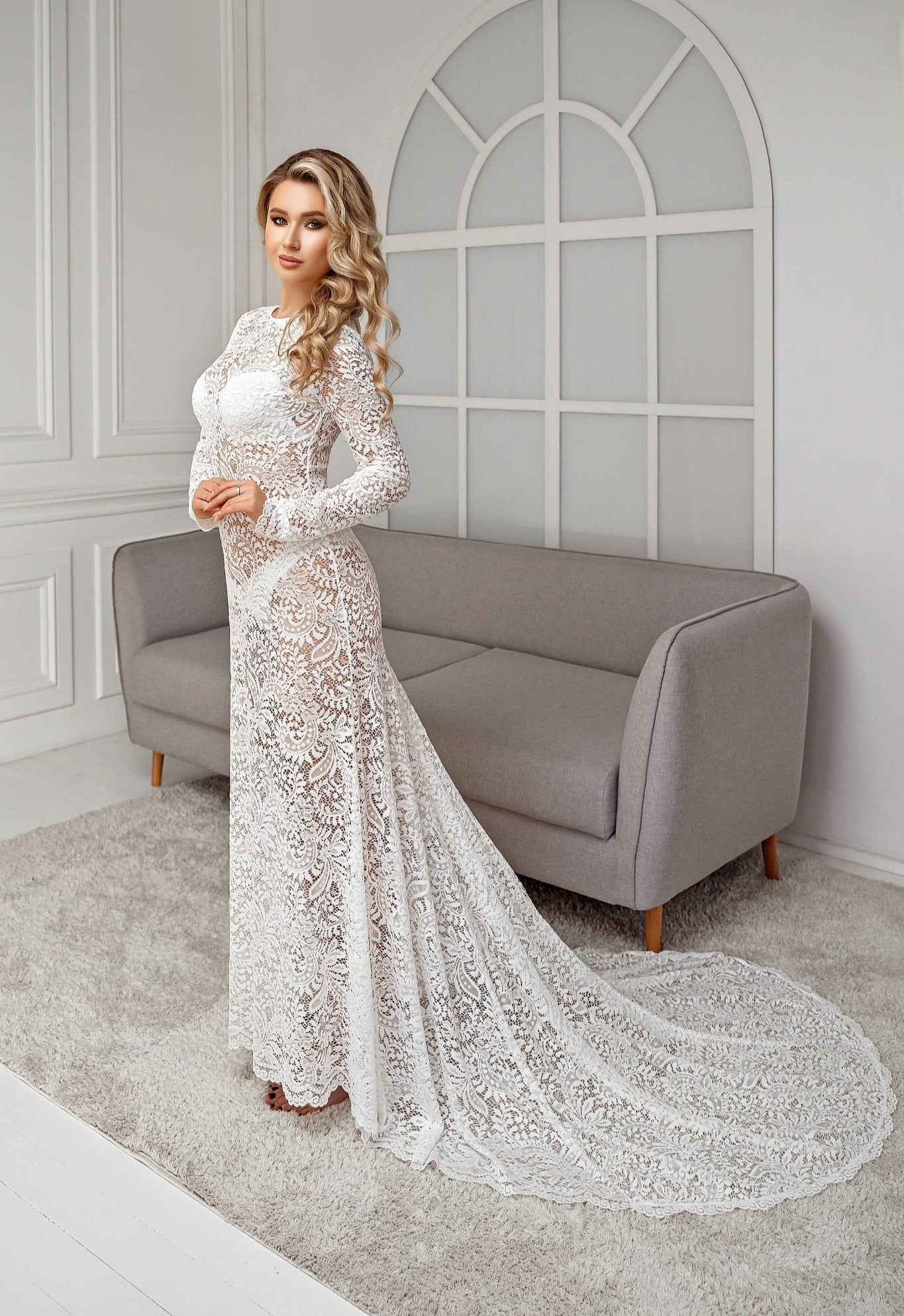 Lace boudoir dress with long sleeves and train White Lace boudoir dress with long sleeves and train White