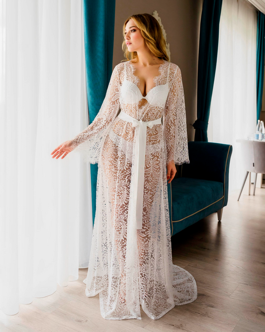Sheer lace robe with train