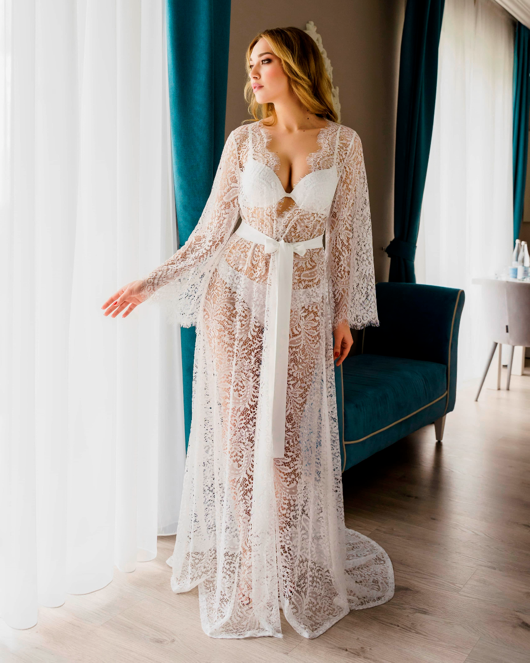 Sheer lace robe and slip