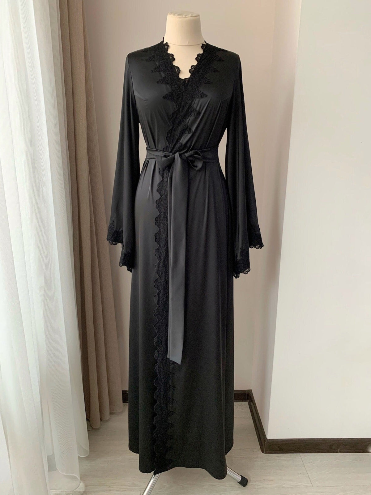 Black Buttoned Robe Black wedding robe long with lace | Bella Donna Handmade ️ – BellaDonnaUa