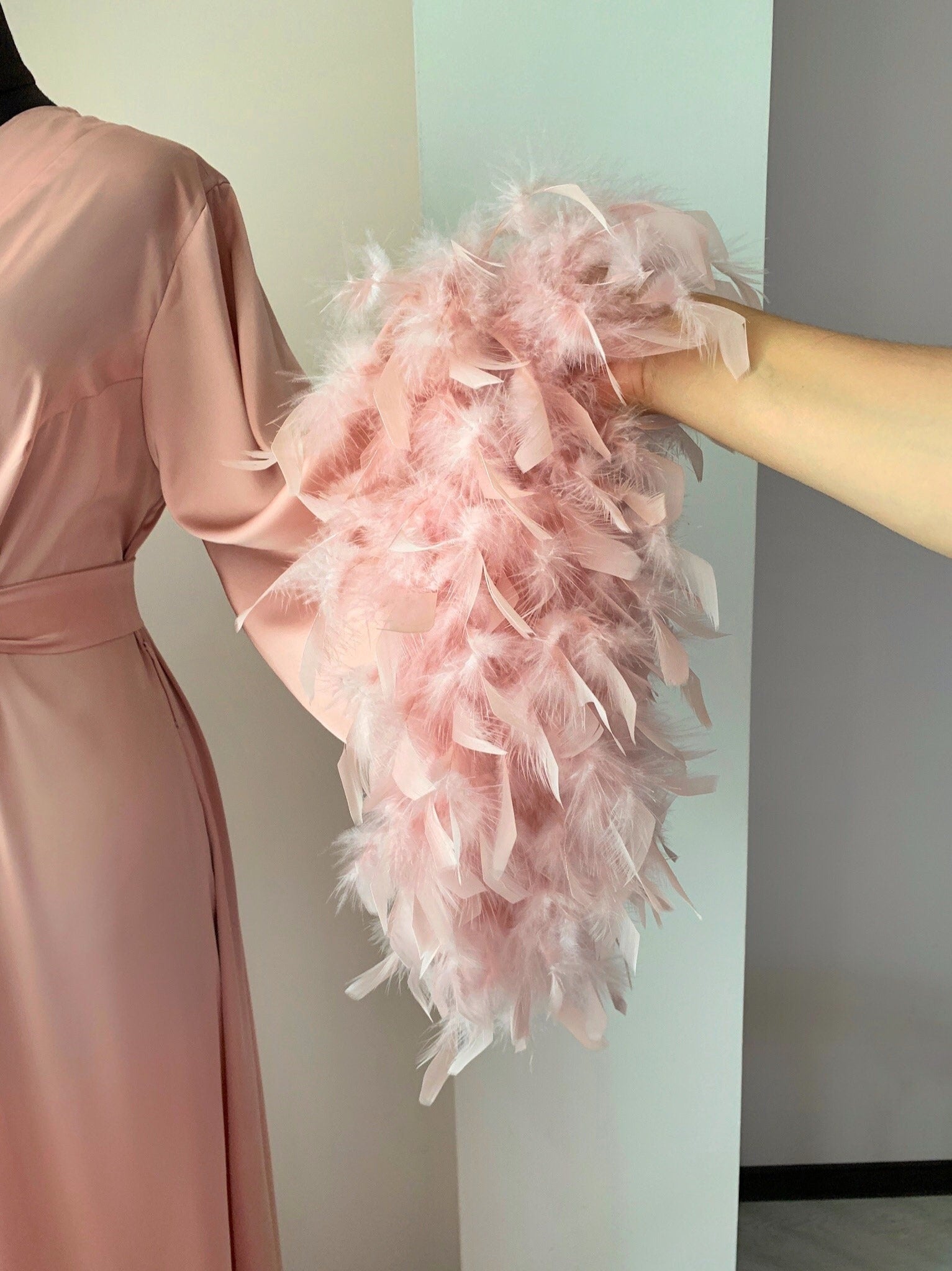 Blush selling feather robe train, bridal robe long, ostrich feather robe, ping dressing gown, robe with feathers