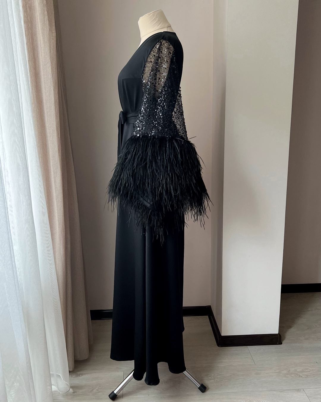 black feather dressing gown