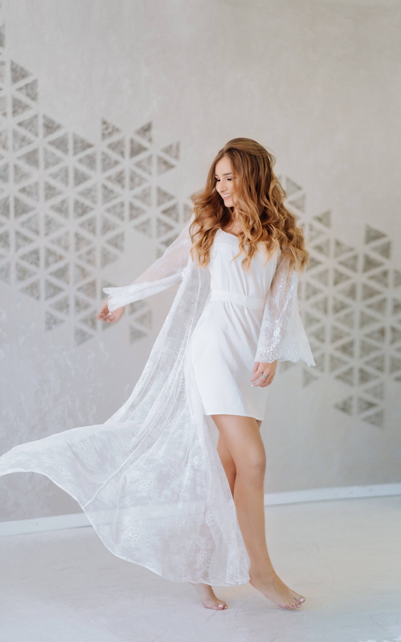 lace white dressing gown Bridal Robe Wedding Dressing Gown Boudoir Dress Photoshoot White Getting Ready Ivory Long Lace Robe Maxi Gepur Guipure Bride Morning