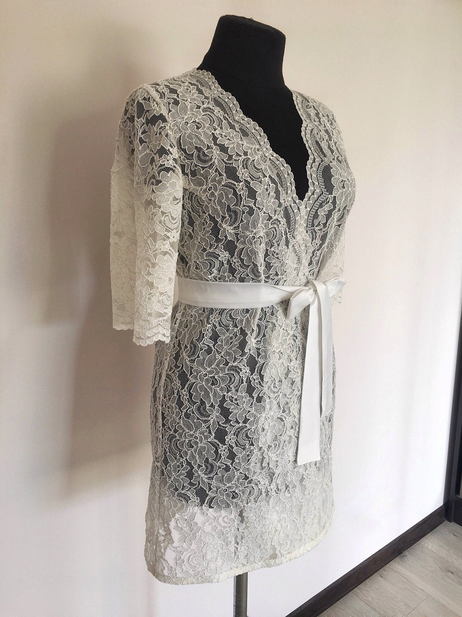 Ivory lace robe, lace bridal robe, lace wedding dress, ivory bridal ro ...