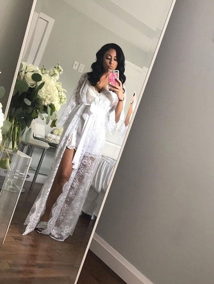 Long lace bridal robe, wedding day robe, white lace robe, bridal lingerie, bridal robe, bridesmaid robes, bridal dressing gown, wedding gift