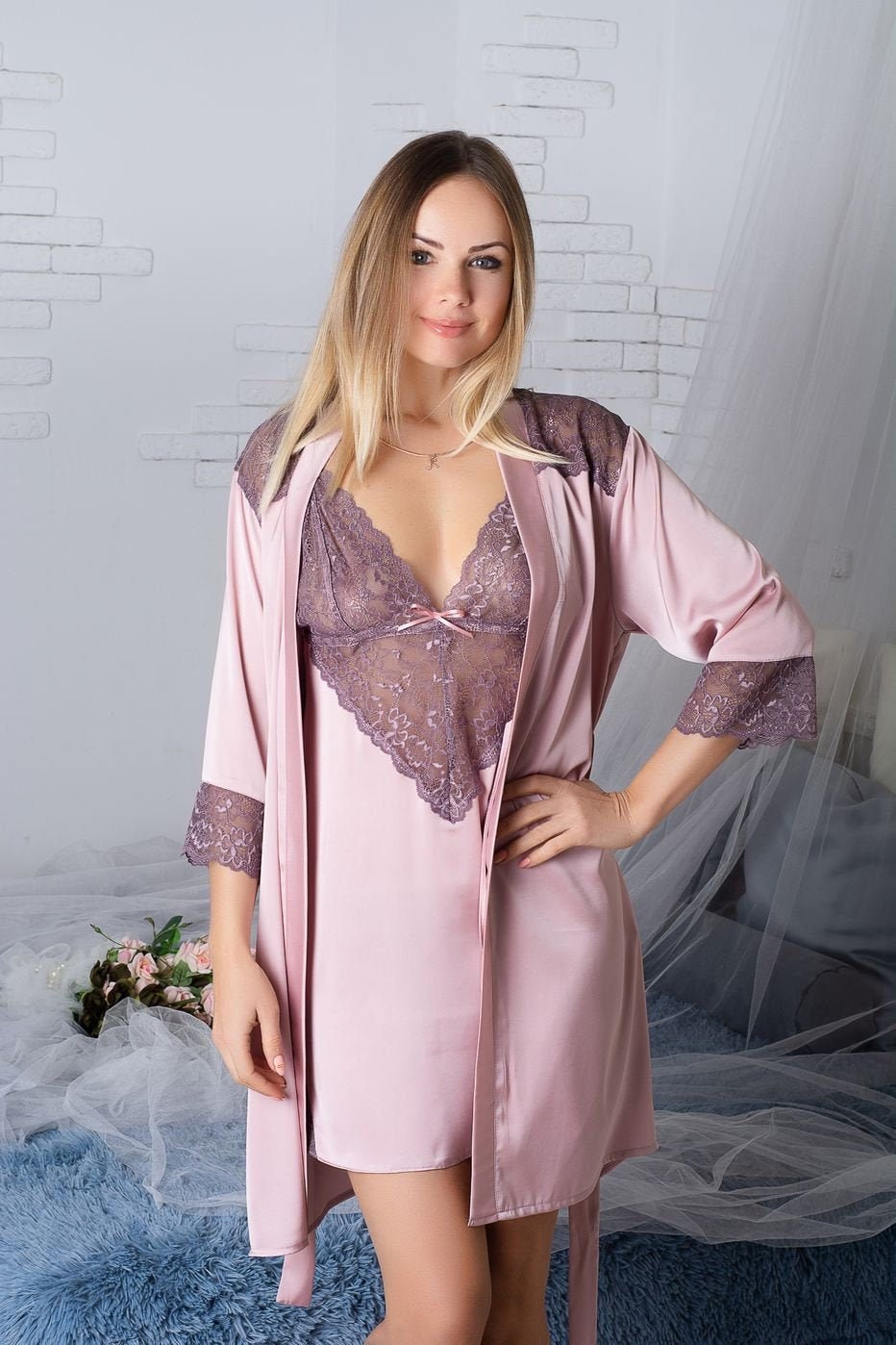 Robe and nightgown set, pajama set, bridal nightgown, lingerie sleepwear, dressing gown, lace robe, satin robe, wedding lingerie