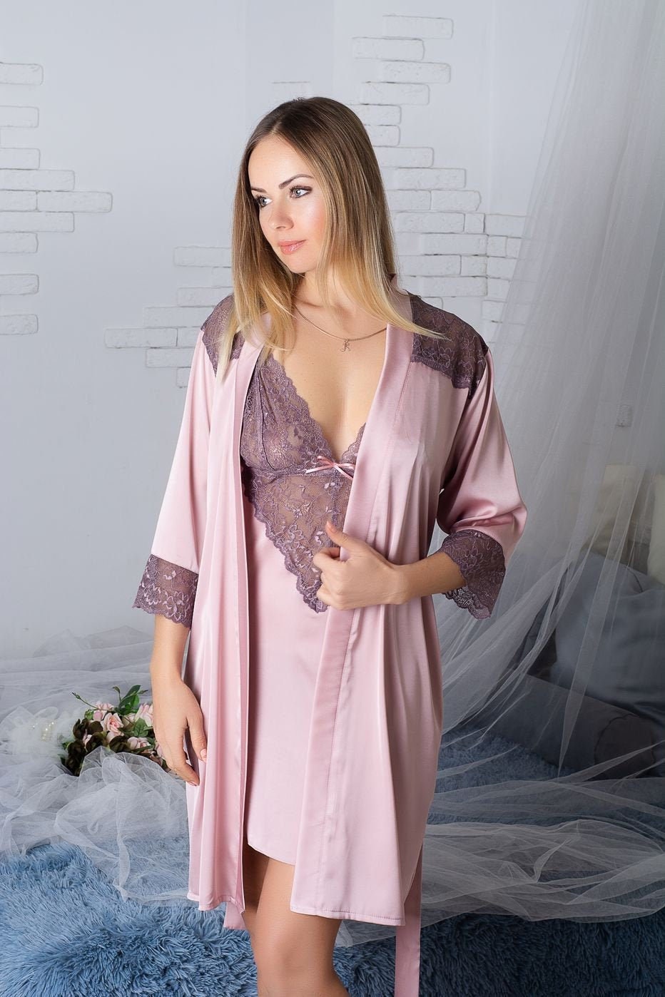 Robe and nightgown set, pajama set, bridal nightgown, lingerie sleepwear, dressing gown, lace robe, satin robe, wedding lingerie