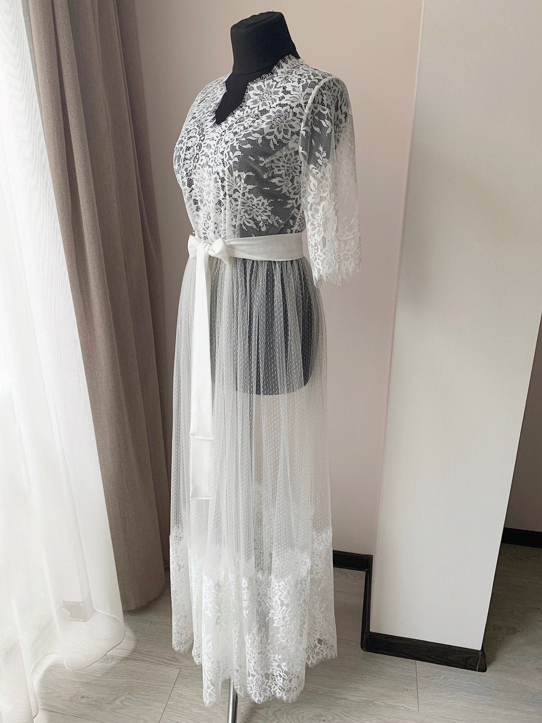 Lace bridal robe, Long tulle robe, Sheer robe, Boudoir robe