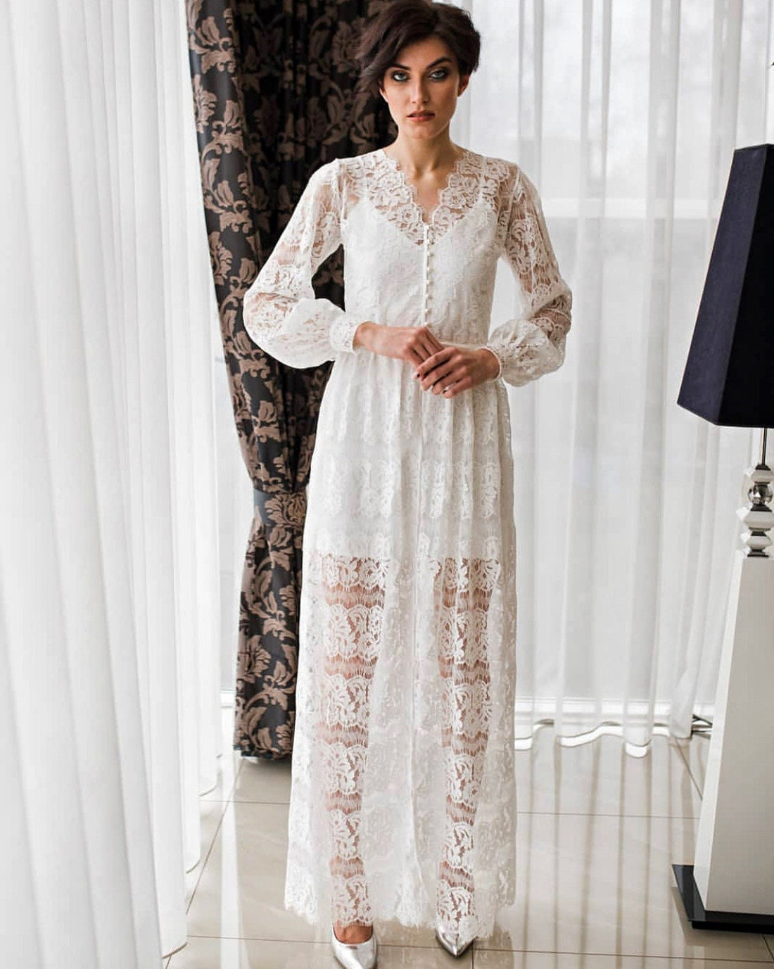 Long lace robe, Bridal robe with nightgown, Sheer robe, White lace robe