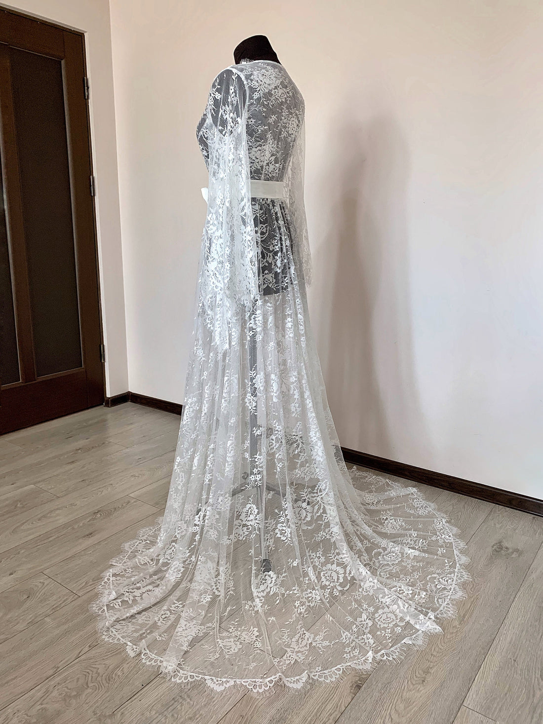 Long lace bridal robe with train, Maxi lace robe, Sheer robe, Ivory Chantilly gown, Wedding day