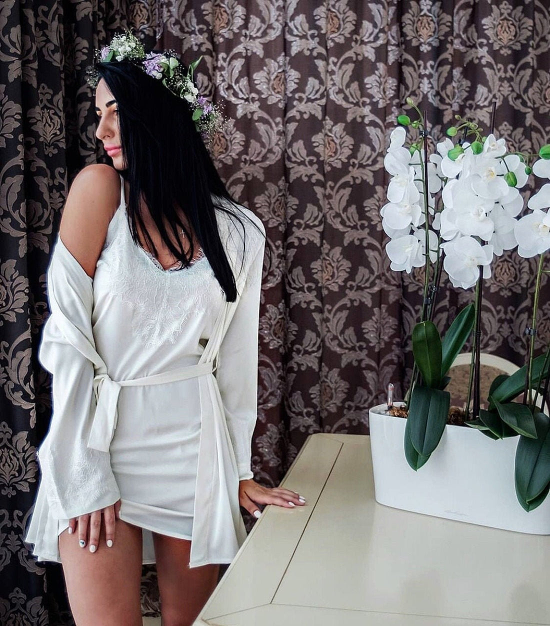 Bridal robe lace, peignoir set, wedding day, robe and nightgown, wedding night, rhinestone robe, bridal lingerie