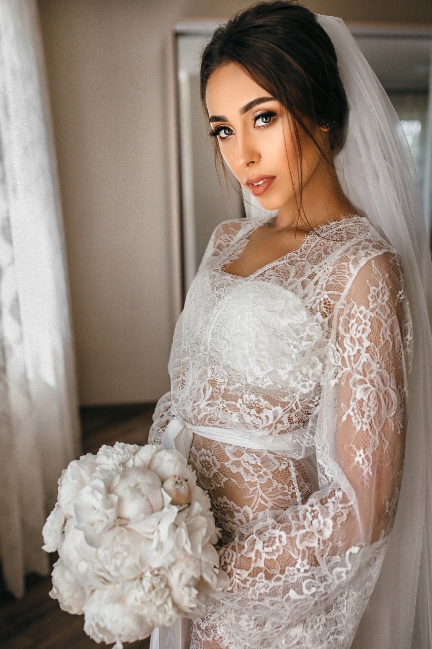 White long lace robe, Bridal robe, Sheer robe, Boudoir robe, Maxi lace robe, Lingerie robe, Lace Bridal Gown, Wedding day