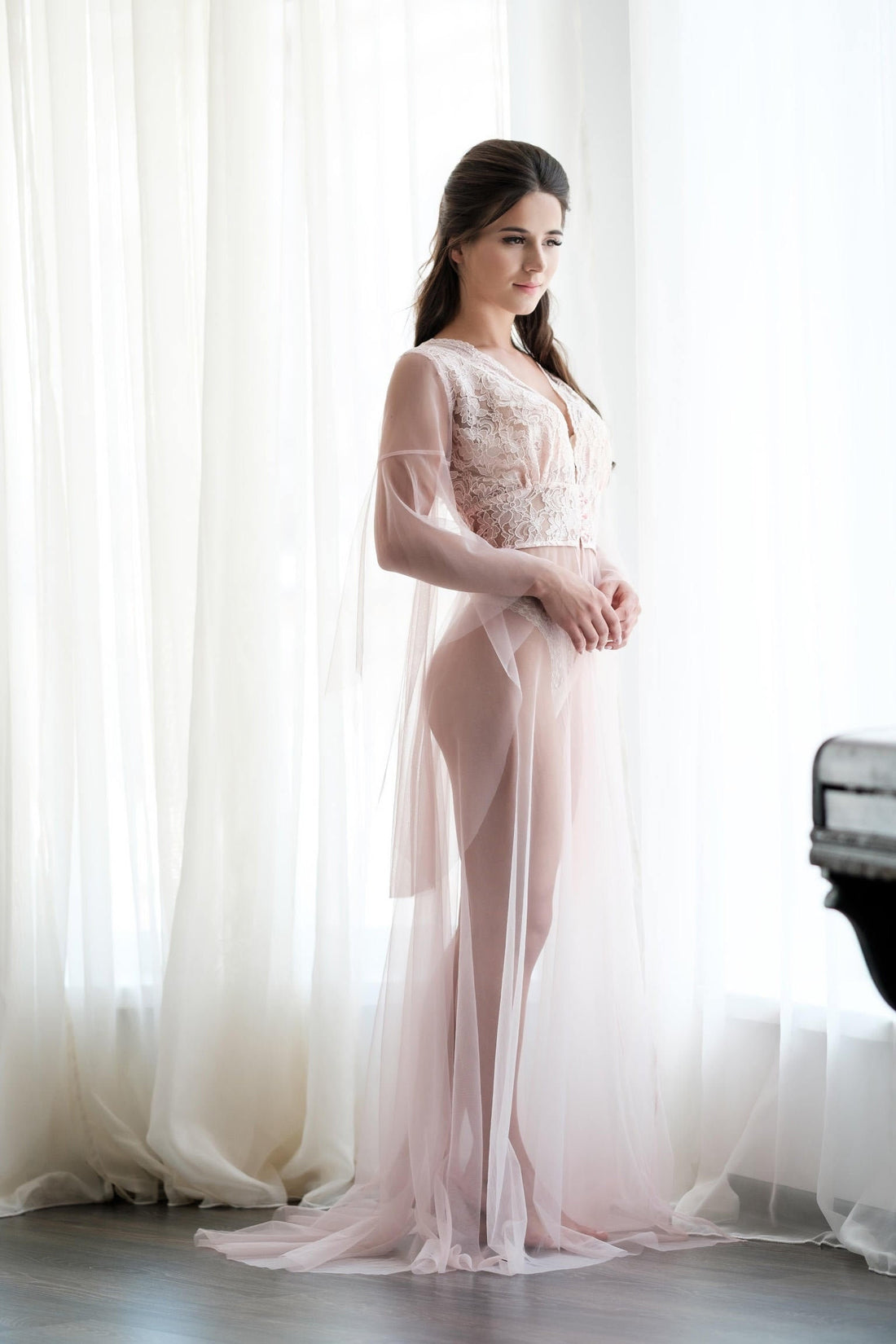 Pink boudoir dress, luxury boudoir robe, sheer bridal boudoir, wedding dress, lace gown, lace bridal robe, lace boudoir gown