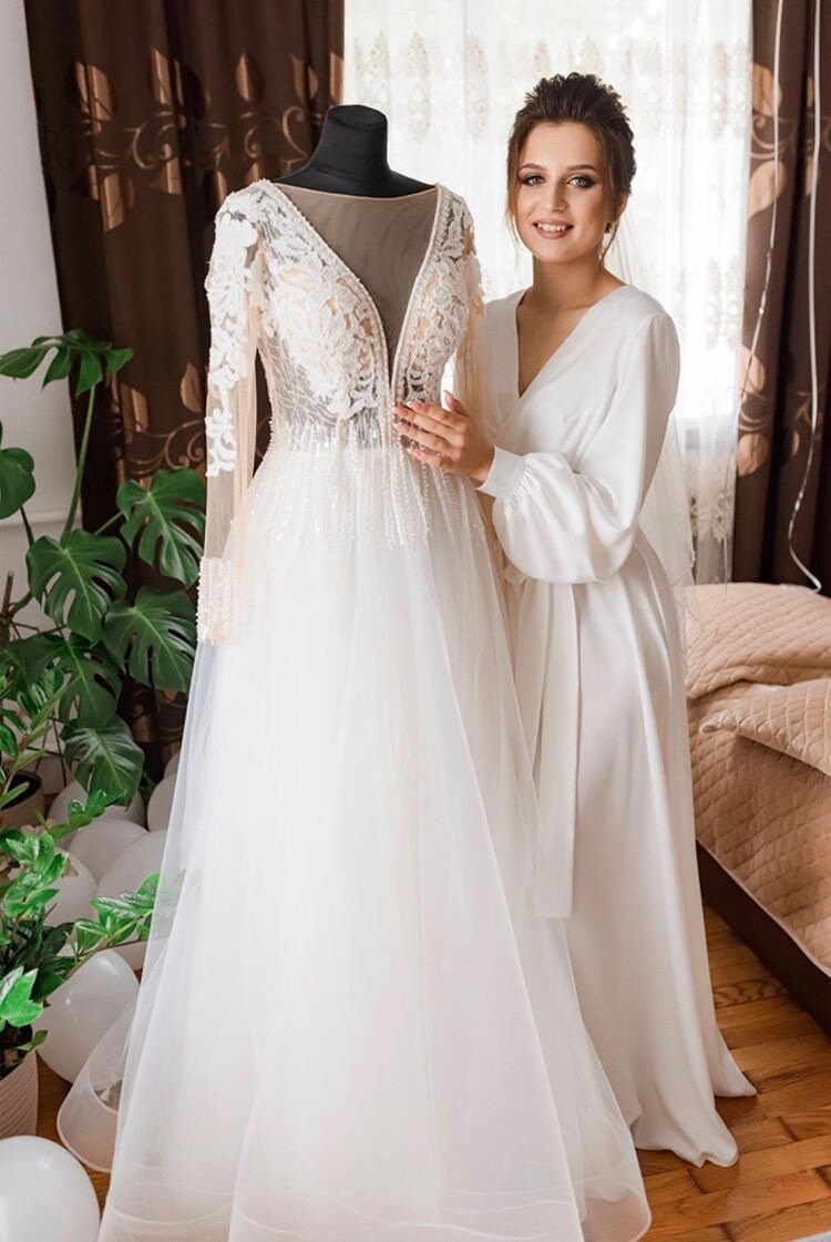 Long bridal robe, floor length robe, maxi white bride robe, bridal robes lace, long dressing gown