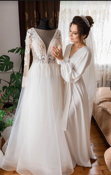 Long bridal robe, floor length robe, maxi white bride robe, bridal robes lace, long dressing gown