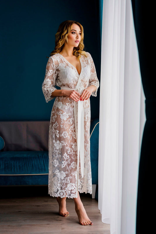 Arianna Beaded Floral Lace Maxi With Train, Lace Bridal Robe