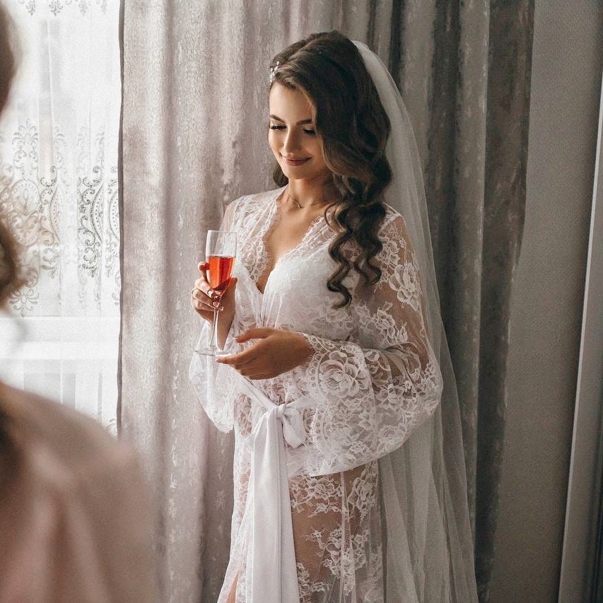 Lace bridal robe, sheer robe, long lace robe, floor length robe, wedding lingerie, bridal lingerie