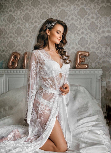 Lace bridal robe, sheer robe, long lace robe, floor length robe, wedding lingerie, bridal lingerie