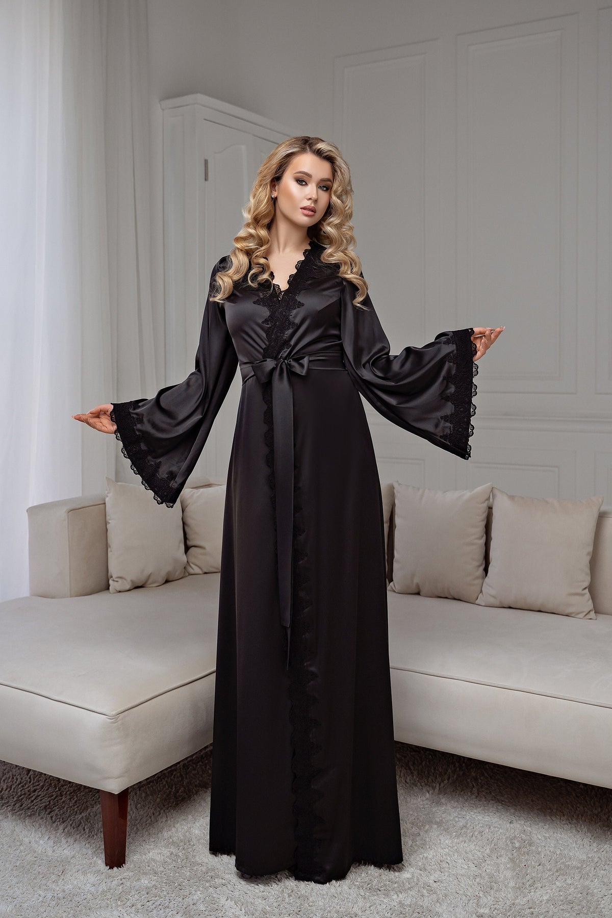 Back Robe Kimono black robe with lace | Bella Donna Handmade ️ – BellaDonnaUa