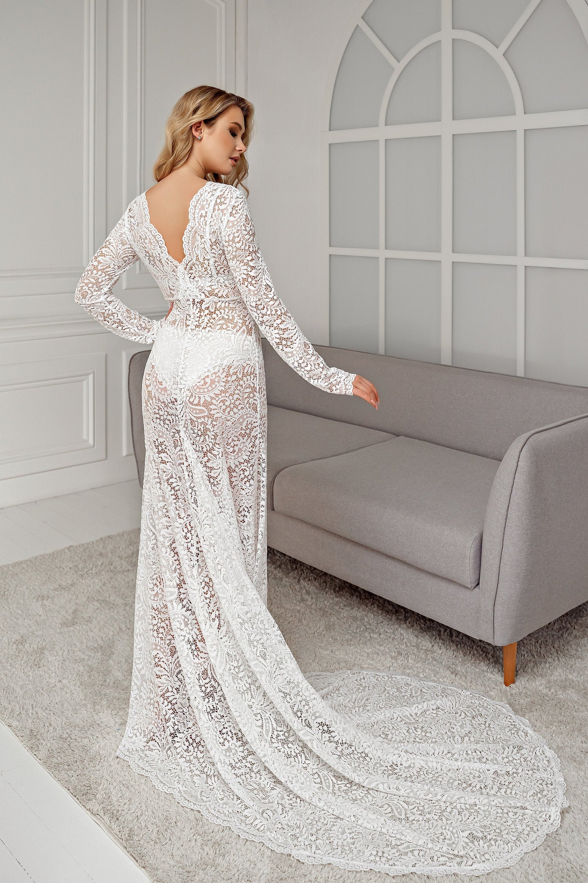 Lace boudoir dress with long sleeves and train White, S / 65 Lace boudoir dress with long sleeves and train White, S / 65